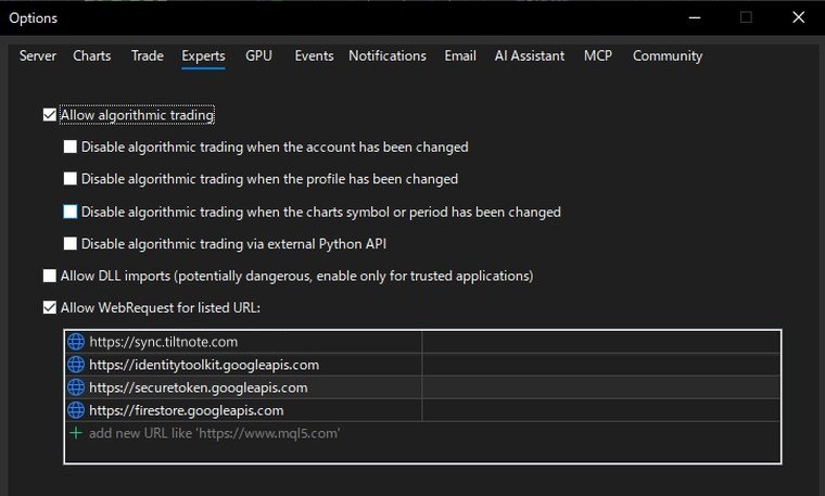 MT5 The "Expert Advisors" (Experts) tab in Options, with the four URLs added