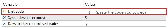The Inputs tab, with the Link code (連携コード) row marked