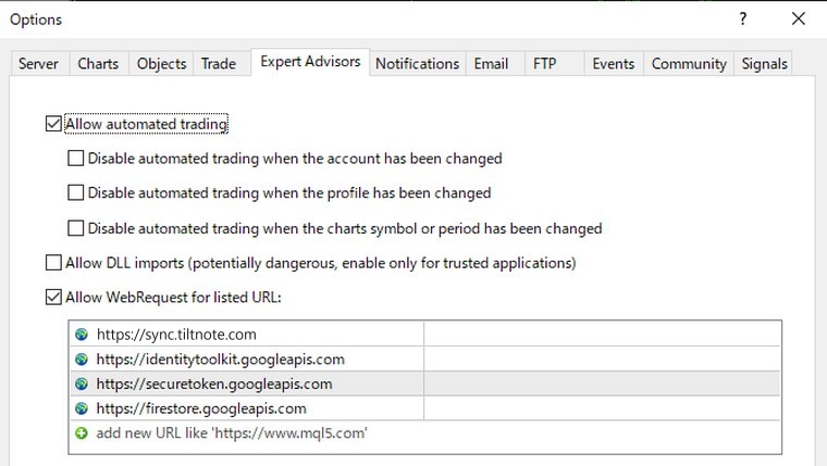 MT4 The "Expert Advisors" (Experts) tab in Options, with the four URLs added