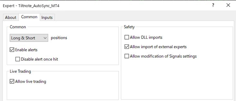 MT4 The "Common" tab when you attach the EA